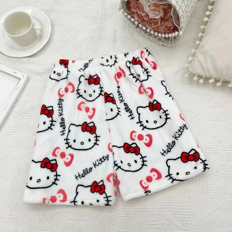 Anime Sanrioed Hellokitty Y2K Sanrioed Pajamas Pants Women Pjs Halloween Household Dress Kawaii Woolen Cartoon Casual Home Pants